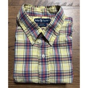 Vintage Ralph Lauren Button Down Shirt Mens Yellow Plaid Blake Short Sleeve 80s